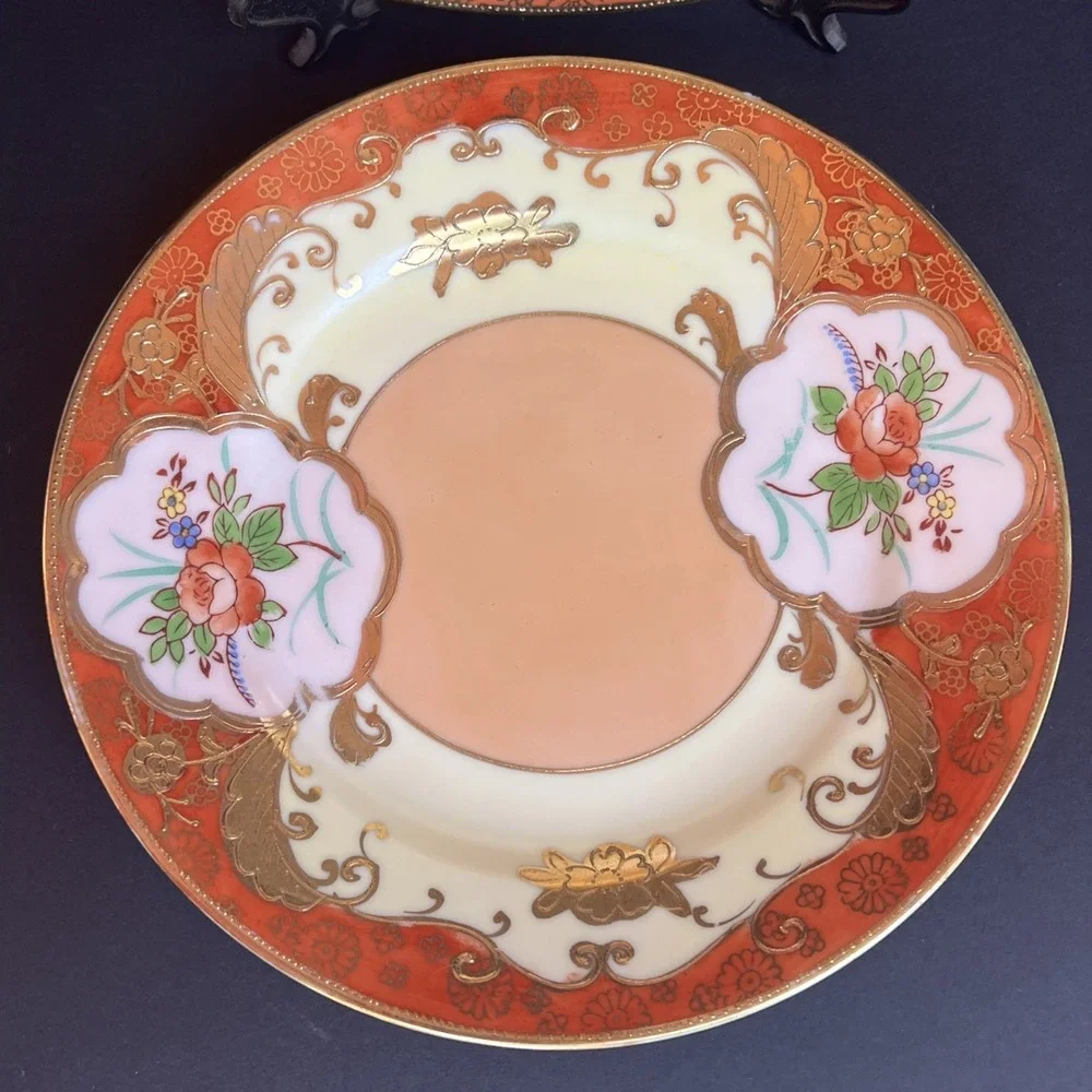 Antique 1920s Moriyama Mori Machi Japan Dessert Plates Raised Gold Gilt Set 2